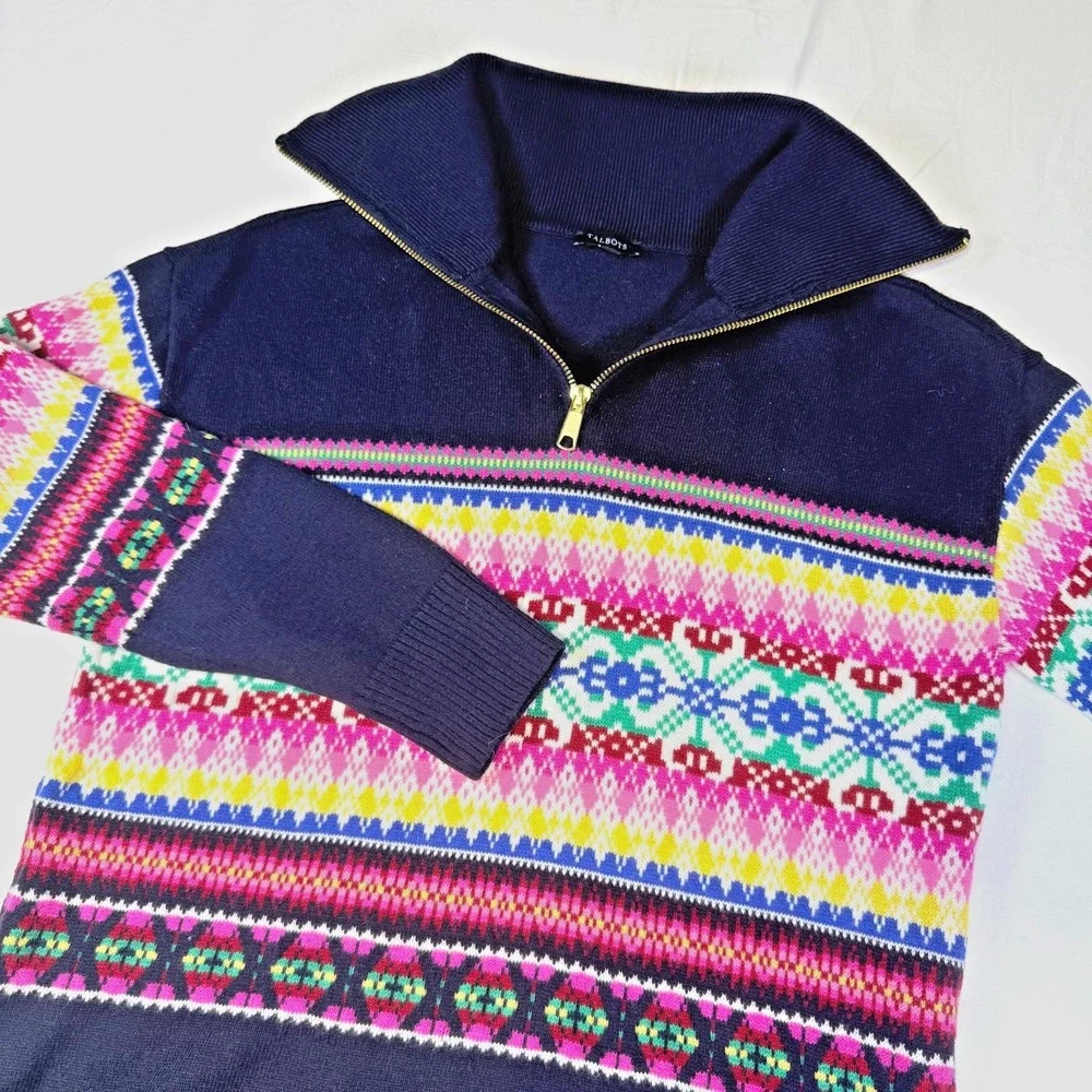 Talbots Fair Isle Quarter Zip Sweater‎ Women's Size Small Lambswool Nylon Blend